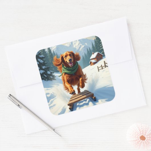 Irish Setter Sledding Adventure Christmas Painting スクエアシール (封筒)