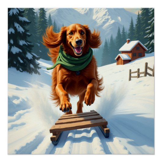 Irish Setter Sledding Adventure Christmas Painting ポスター (正面)