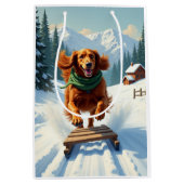 Irish Setter Sledding Adventure Christmas Painting ミディアムペーパーバッグ (正面)
