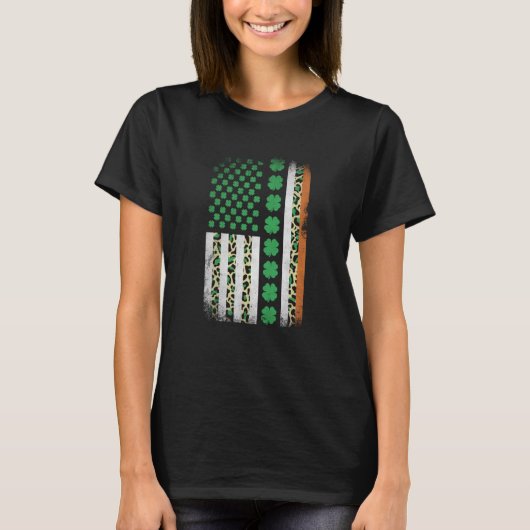 Irish Shamrock American Flag Leoopard Print St Pat Tシャツ (正面)