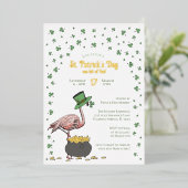 Irish Shamrock Flamingo St Patrick's Day Party 箔招待状 (立ち正面)