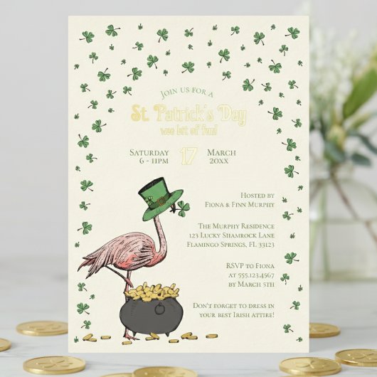 Irish Shamrock Flamingo St Patrick's Day Party 箔招待状