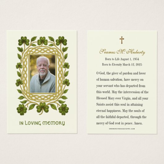 Irish Shamrock Gold Funeral Memorial Prayer Card (正面&裏面)