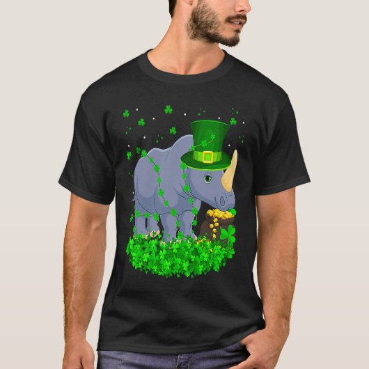 Irish Shamrock Leprechaun Rhino St Patrick's Day Tシャツ (正面)