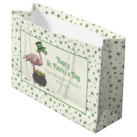 Irish Shamrock Pink Flamingo St Patricks Day Ivory ラージペーパーバッグ (正面アングル)