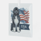 Irish Spot Newfie Patriotic Square ガラスオーナメント (正面左)