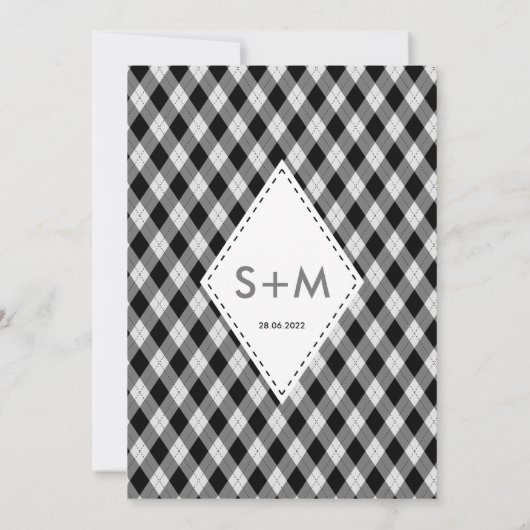 Irish Tartan Diamond Black Grey Wedding 招待状 (裏面)
