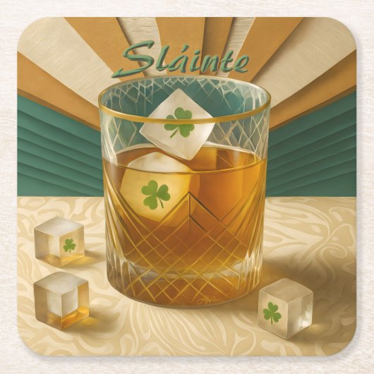 Irish Whiskey Tumbler Shamrock Ice "Sláinte!" スクエアペーパーコースター (正面)