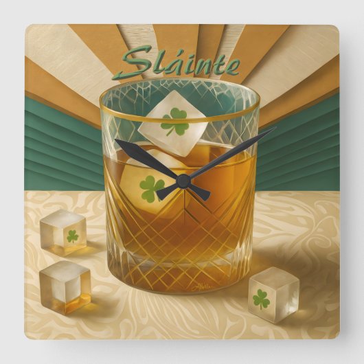 Irish Whiskey Tumbler Shamrock Ice "Sláinte!" スクエア壁時計 (正面)