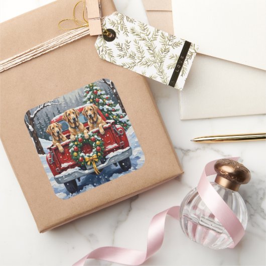 Irish Wolfhound Christmas Red Truck Holiday Gift スクエアシール (ギフト)