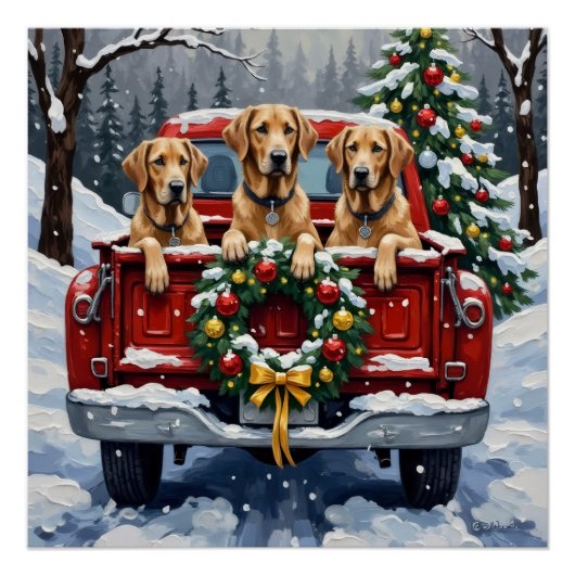 Irish Wolfhound Christmas Red Truck Holiday Gift ポスター (正面)