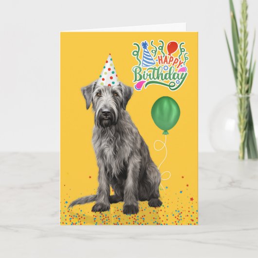 Irish Wolfhound Dog Party Hat Yellow Birthday カード (正面)