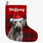 Irish Wolfhound Dog Red Holiday Plaid Personalized ラージクリスマスストッキング (正面)
