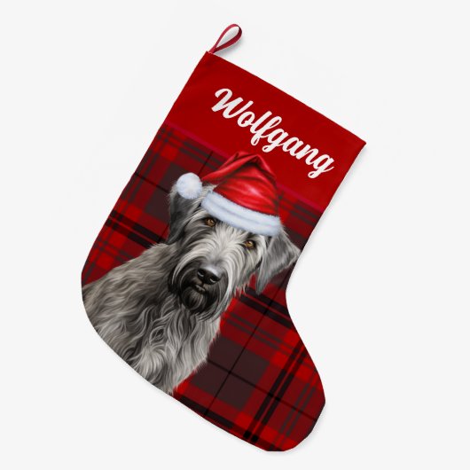 Irish Wolfhound Dog Red Holiday Plaid Personalized ラージクリスマスストッキング (正面 (吊り時))