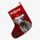 Irish Wolfhound Dog Red Holiday Plaid Personalized ラージクリスマスストッキング (裏面 (吊り時))