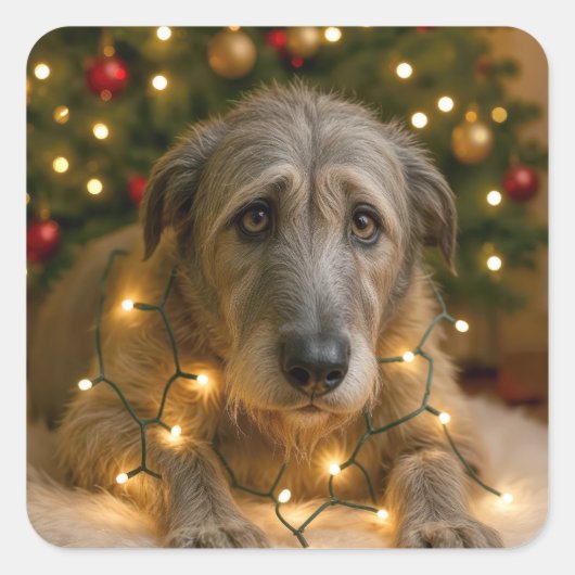 Irish Wolfhound Tangled In Holiday Lights スクエアシール (正面)