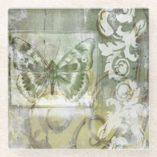 Ironworkのゲートが付いている緑の蝶差込み ガラスコースター (正面)