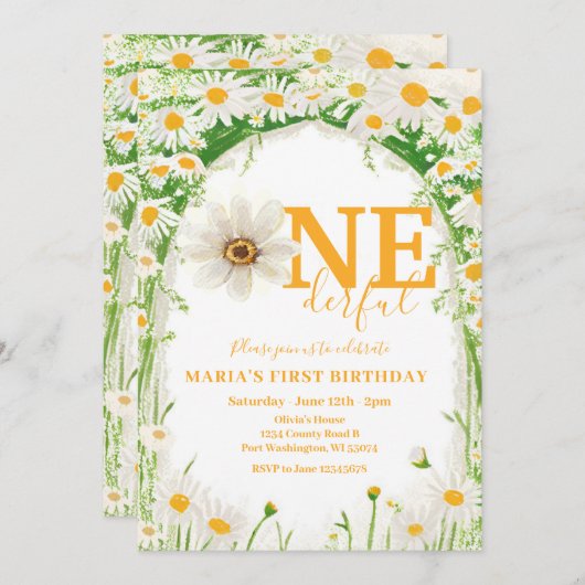 Is She ONEderfulホワイトデイジーファースト誕生日 招待状 (正面/裏面)