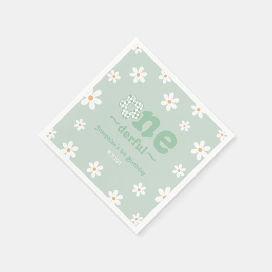 Is She Onederfulレトロフローラセージ誕生日 スタンダードカクテルナプキン (角)