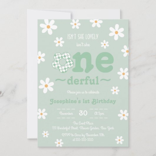 Is She Onederfulレトロフローラセージ誕生日 招待状 (正面)