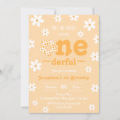 Is She OnederfulレトロGroovyフローラ誕生日 招待状 (正面)