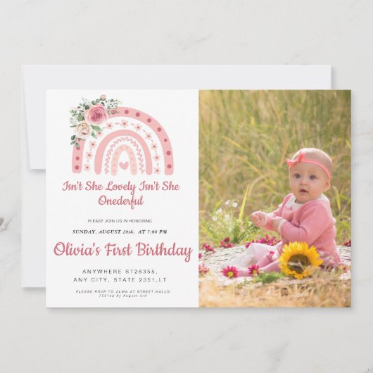 Is She Onederful boho Rainbow誕生日写真 招待状 (正面)