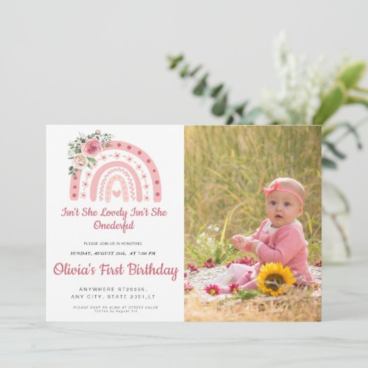 Is She Onederful boho Rainbow誕生日写真 招待状 (スタンド正面)