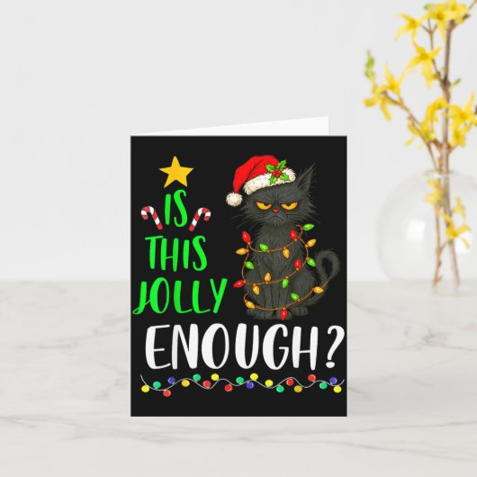 Is This Jolly Enough Funny Black Cat Christmas Tre カード (黄色い花)