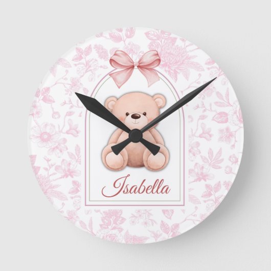 Isabella | オーダーメイド ピンクのテディベアの保育園デザイン ラウンド壁時計 (正面)
