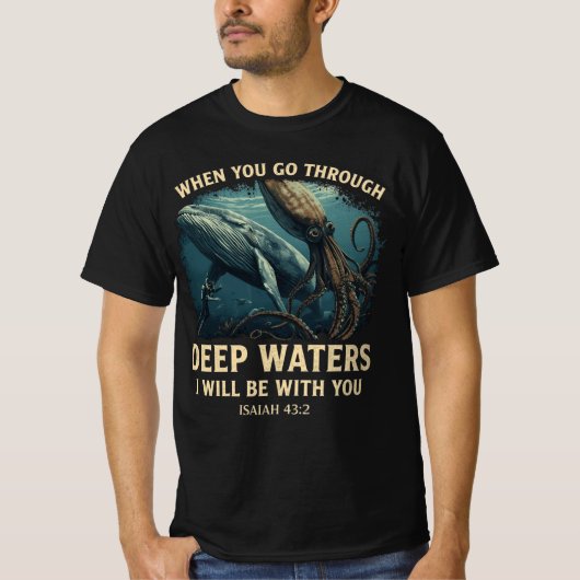 Isaiah 43:2 Whale Deep Waters Christian Tシャツ (正面)