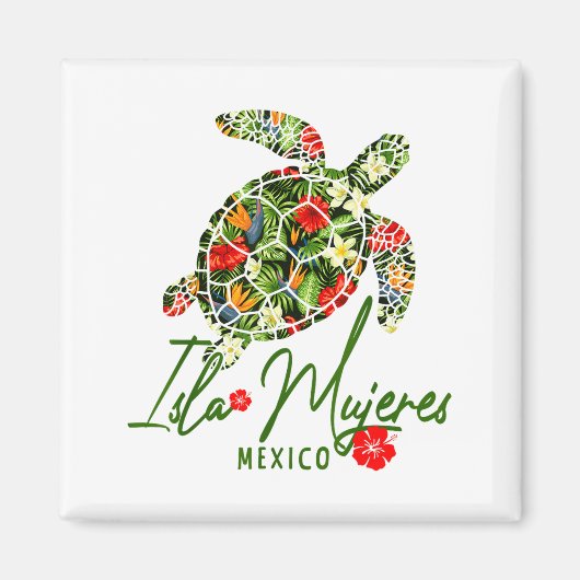 Isla Mujeres Mexico Sea Turtle Tropical Hibiscus V マグネット (正面)