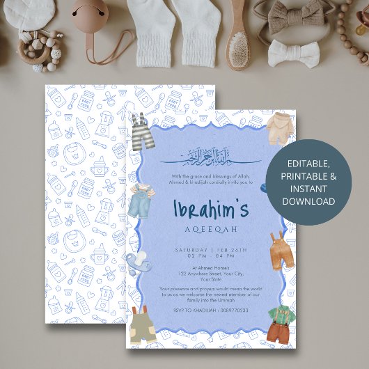 Islamic Blue Watercolor Baby Boy Aqiqah Invitation 招待状