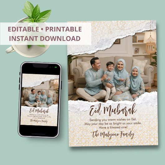 Islamic Geometric Torn Paper & Photo Eid Mubarak シーズンカード
