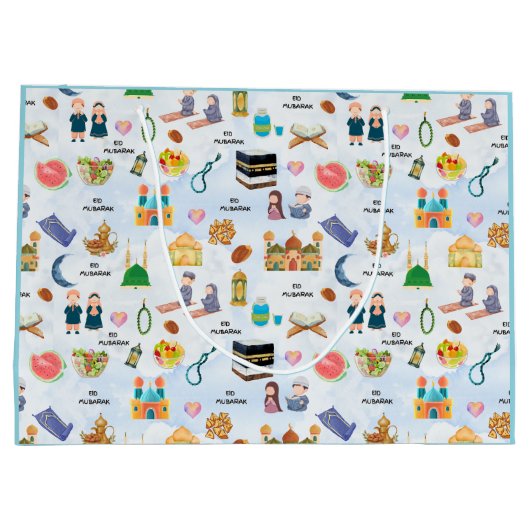 Islamic Gift Bags | Eid Mubarak Muslim Boy Present ラージペーパーバッグ (裏面)