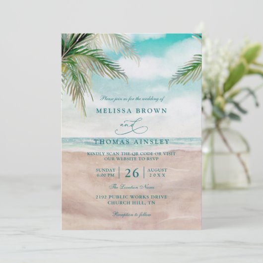 Island Breeze Sandy Beach Elegant QR Code Wedding  招待状 (スタンド正面)