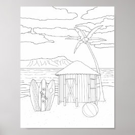 Island Tiki Hut Adult Coloring Poster ポスター
