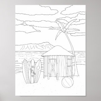 Island Tiki Hut Adult Coloring Poster ポスター