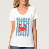 Island Time Cute Red Crab Nautical Stripes T-Shirt Tシャツ (正面)