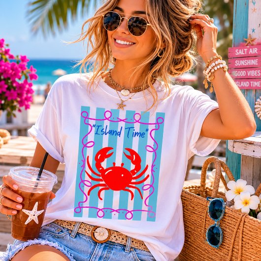 Island Time Cute Red Crab Nautical Stripes T-Shirt Tシャツ