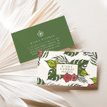 Island Vintage | Tropical Hibiscus & Monstera Leaf 名刺<br><div class="desc">Tropical chic business cards feature your name and/or business name nestled in a frame of green banana and monstera leaves with red and coral hibiscus flowers illustrated in a vintage hand drawn style. Personalize with your contact information on the reverse side in white on vibrant tropical green accented with a...</div>