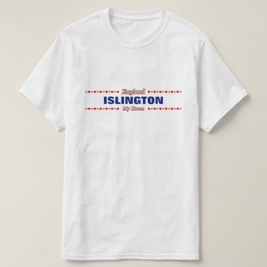 ISLINGTON -私の家庭のイギリス; 赤い及びピンクのハート Tシャツ (デザイン正面)