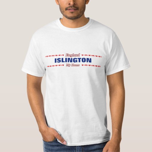 ISLINGTON -私の家庭のイギリス; 赤い及びピンクのハート Tシャツ (正面)