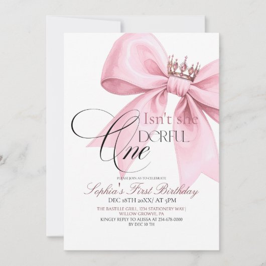 Isn't she Onederful Pink Bow 1st Birthday Party 招待状 (正面)