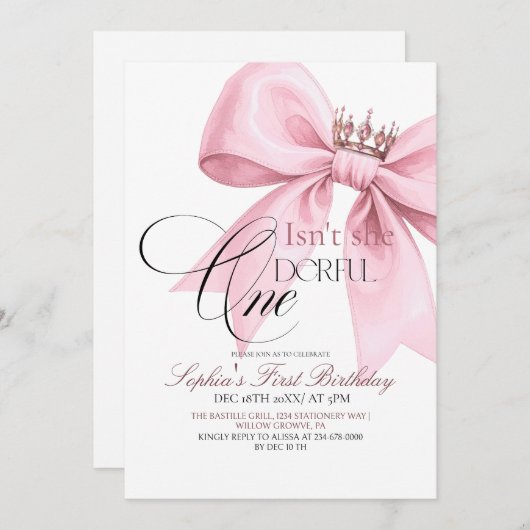 Isn't she Onederful Pink Bow 1st Birthday Party 招待状 (正面/裏面)