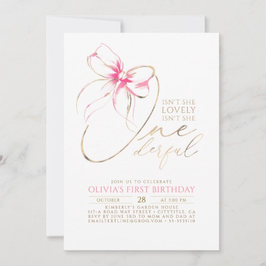 Isn't She Onederful Pink Bow Elegant 1st Birthday 招待状 (正面)