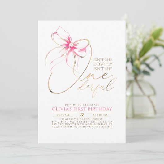 Isn't She Onederful Pink Bow Elegant 1st Birthday 招待状 (スタンド正面)