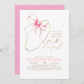 Isn't She Onederful Pink Bow Elegant 1st Birthday 招待状 (正面/裏面)