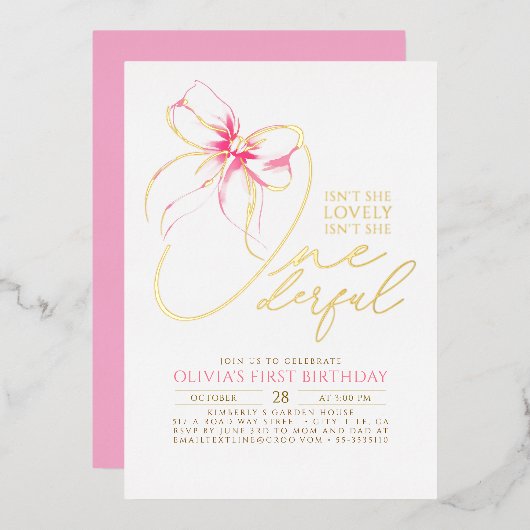 Isn't She Onederful Pink Bow Elegant 1st Birthday 箔招待状 (正面/裏面)