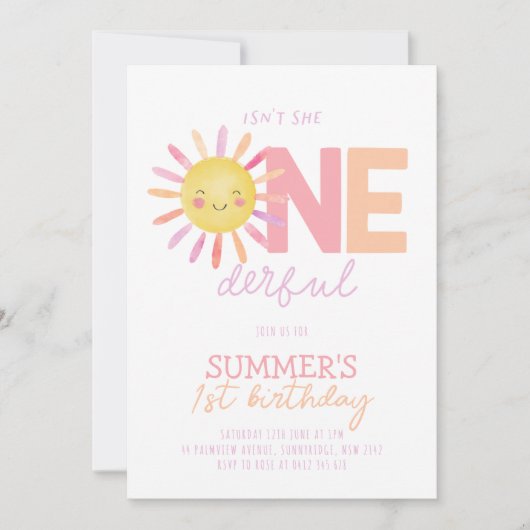 Isn't She Onederful Sun Girl Bright 1st Birthday 招待状 (正面)