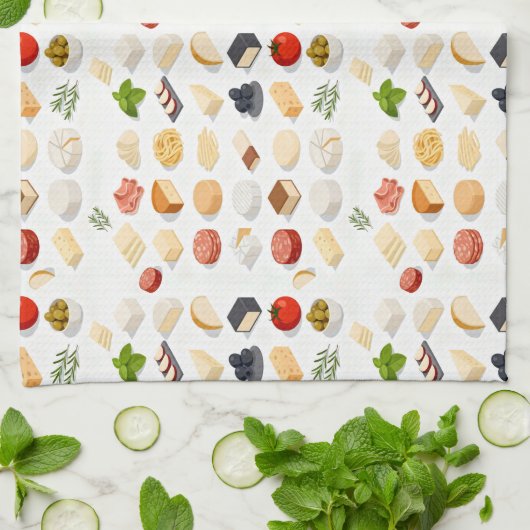 Isometric seamless pattern of various cheeses キッチンタオル (折り畳み)